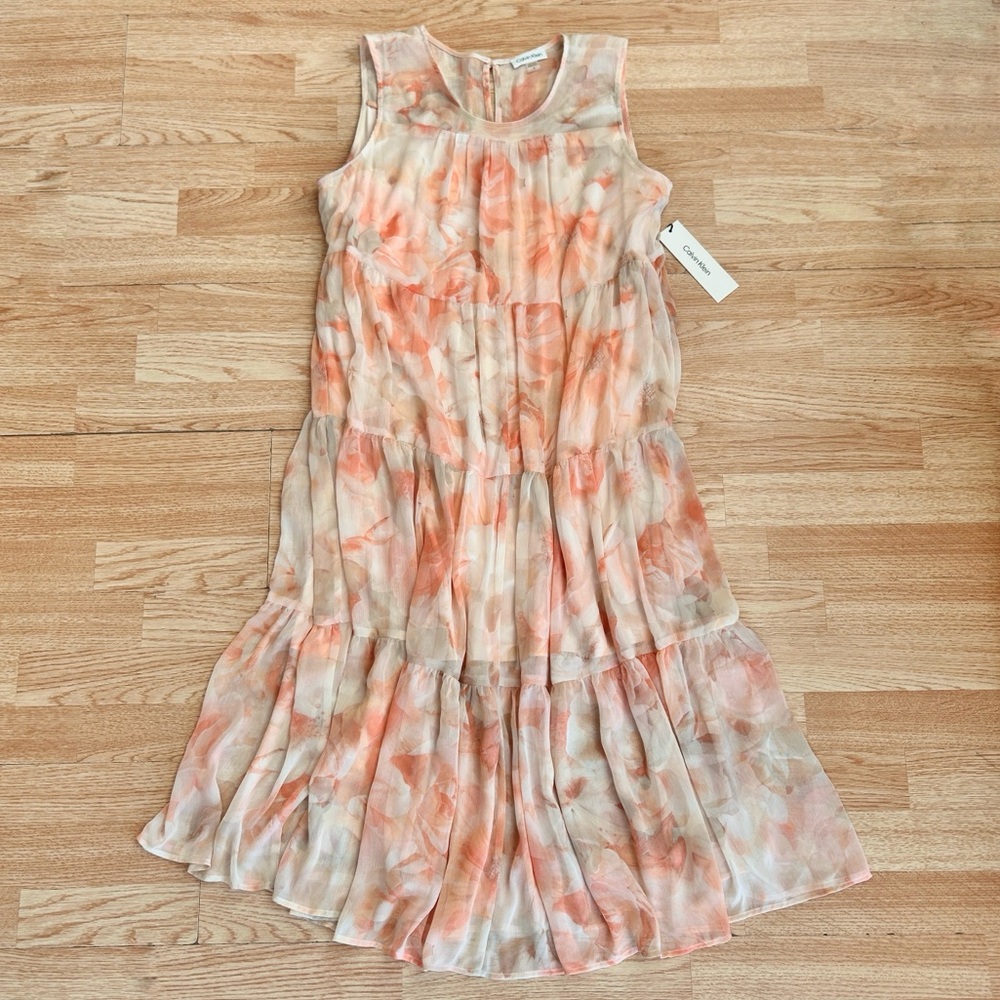 NWT Calvin Kline Chiffon Floral Peach & White Sleeveless Tiered Maxi Dress 16